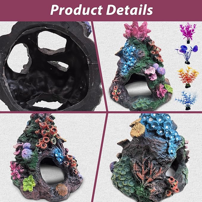 PINVNBY 5 PCS Colorful Coral Fish Tank Decorations, Resin Mountain Ornament and Artificial Plastic Plant for Goldfish Betta Fish Cave Hideout Sleep Rest Play Breed PINVNBY