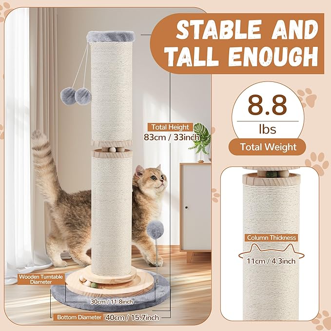 OTOB 32" Tall Cat Scratching Post, 4.3Inch Large Diameter Natural Sisal Rope Scratcher Post for Indoor Large Cats Kittens, 5-in-1 Interactive Turntable Cat Scratch Post (Gray, B-33Inch) - PAWPICO
