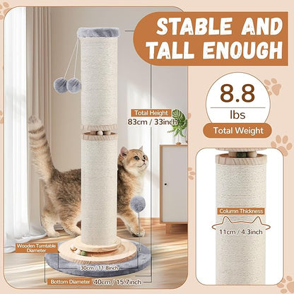 OTOB 32" Tall Cat Scratching Post, 4.3Inch Large Diameter Natural Sisal Rope Scratcher Post for Indoor Large Cats Kittens, 5-in-1 Interactive Turntable Cat Scratch Post (Gray, B-33Inch) - PAWPICO