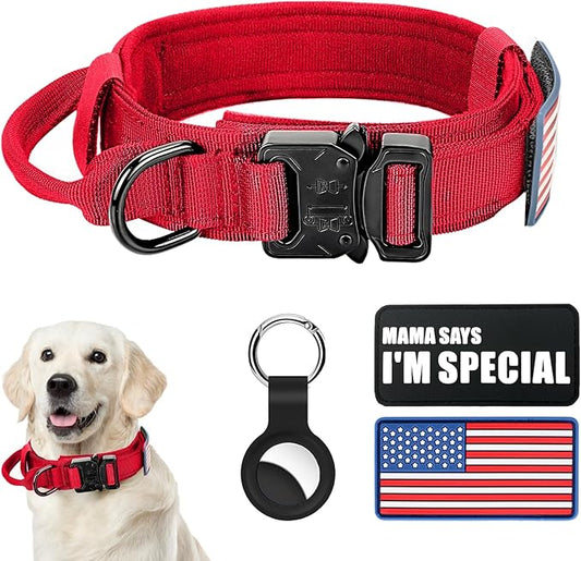 Tactical Dog Collar Military Dog Collar Adjustable Nylon Dog Collar Heavy Duty Metal Buckle with Handle for Dog Training,with Patches (Red, XL) Celifelight