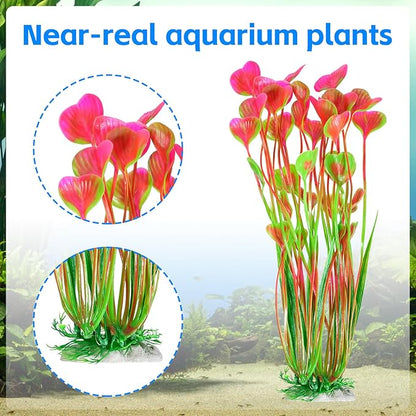 AQUANEAT Artificial Aquarium Plants, Fish Tank Plants Plastic, Aquarium Decor Large, 15.5 inch Pink Fish Tank Decorations, 2pcs Aquaneat