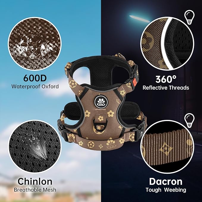 NESTROAD No Pull Dog Harness,Adjustable Oxford Dog Vest Harness with Leash,Reflective No-Choke Pet Harness with Easy Control Soft Handle for Large Dogs(X-Large,Dark Brown) NESTROAD