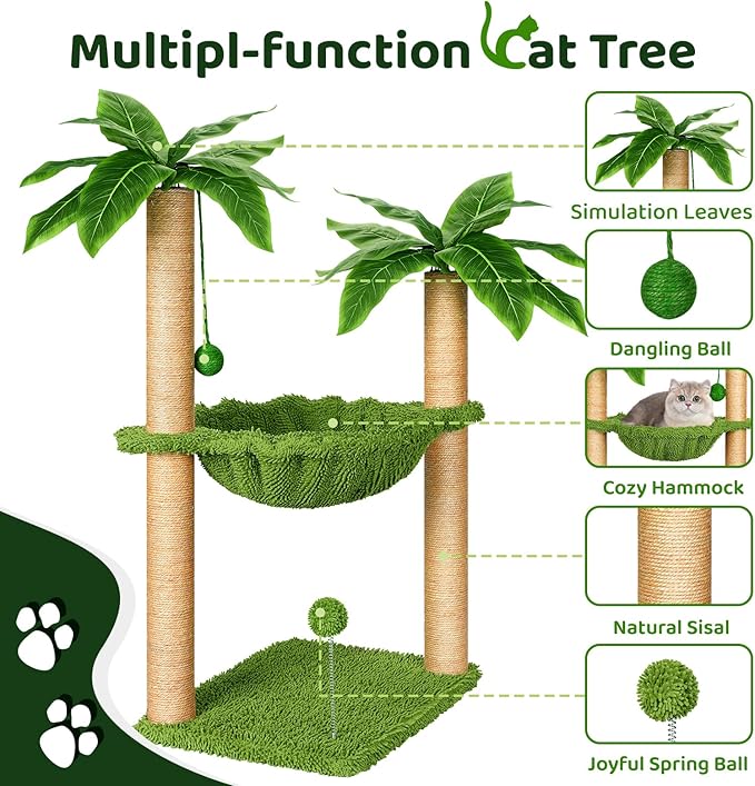 Dohump Cat Tree with Hammock and Premium Sisal Scratching Post,Activity Dangling Ball and Spring Ball for Indoor Kittens/Cats - PAWPICO