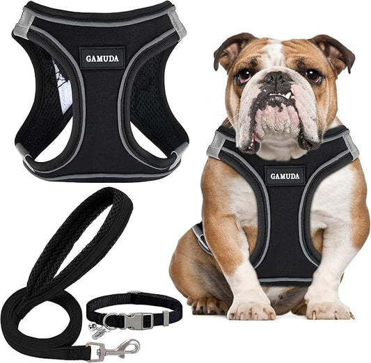 GAMUDA Small Dog Harness Collar and Leash Set, Step in No Chock No Pull Linen Fabric Soft Mesh Dog Vest Harnesses Reflective for Dogs Puppy Cats Kitten Rabbit (Black, XL) GAMUDACollarsCollection