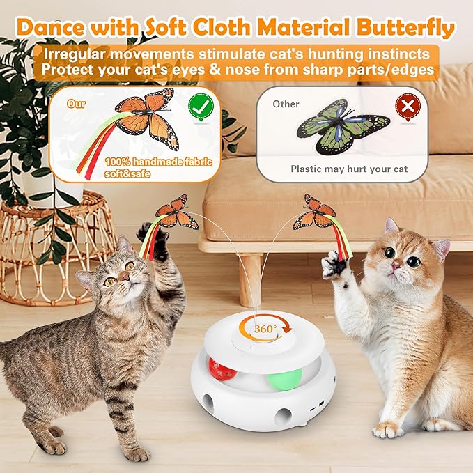 3-in-1 Interactive Cat Toys for Indoor Cats, Automatic 6 Holes Mice Whack-A-Mole, Fluttering Butterfly, Track Balls, USB Rechargeable, Ultra Fun Smart Interactive Kitten Toy (Ivory White) - PAWPICO