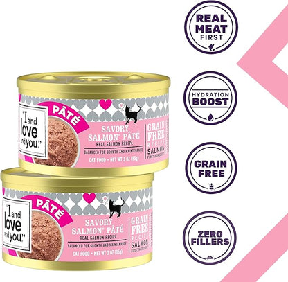 I AND LOVE AND YOU Wet Cat Food - Savory Salmon Pâté - Salmon Recipe, Grain Free, Filler Free, 3oz Pack of 4 Cans - PAWPICO