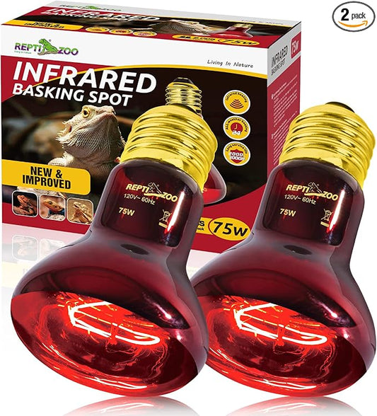 REPTIZOO 75W Reptile Heat Lamp Bulb 2PCS Infrared Heat Emitter Red Heat Lamp for Reptile Amphibian, Infrared Basking Spot Light Bulb REPTIZOO