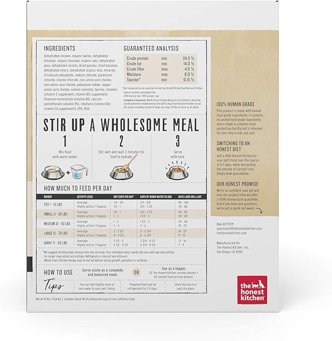 The Honest Kitchen Human Grade Dehydrated Whole Grain Dog Food – Complete Meal or Topper – Chicken 10 lb (makes 40 lbs) - PAWPICO