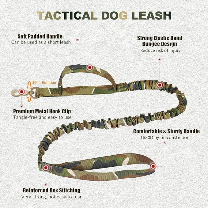 Tactical Dog Collar and Bungee Leash, Camo Military Dog Collar & Leash Set with USA American Flag Adjustable K9 Collar with Heavy Duty Metal Buckle & Handle,with Patches and Airtags Case (M, Camo) Celifelight