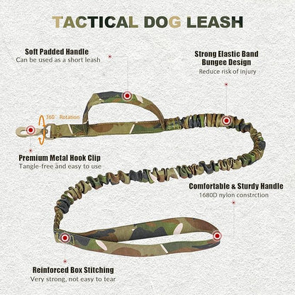 Tactical Dog Collar and Bungee Leash, Camo Military Dog Collar & Leash Set with USA American Flag Adjustable K9 Collar with Heavy Duty Metal Buckle & Handle,with Patches and Airtags Case (M, Camo) Celifelight