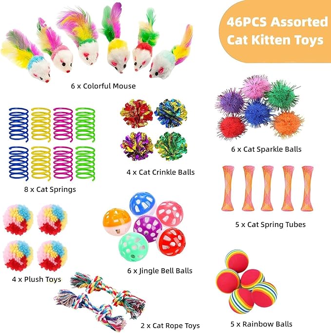 46 PCS Cat Toys for Indoor Cats, Kitten Toys with Cat Spring Toy, Mint Catnip Toys for Cats with Crinkle Cat Toy Mouse Cat Ball Toy for Indoor Cats Kittens Exercise - PAWPICO