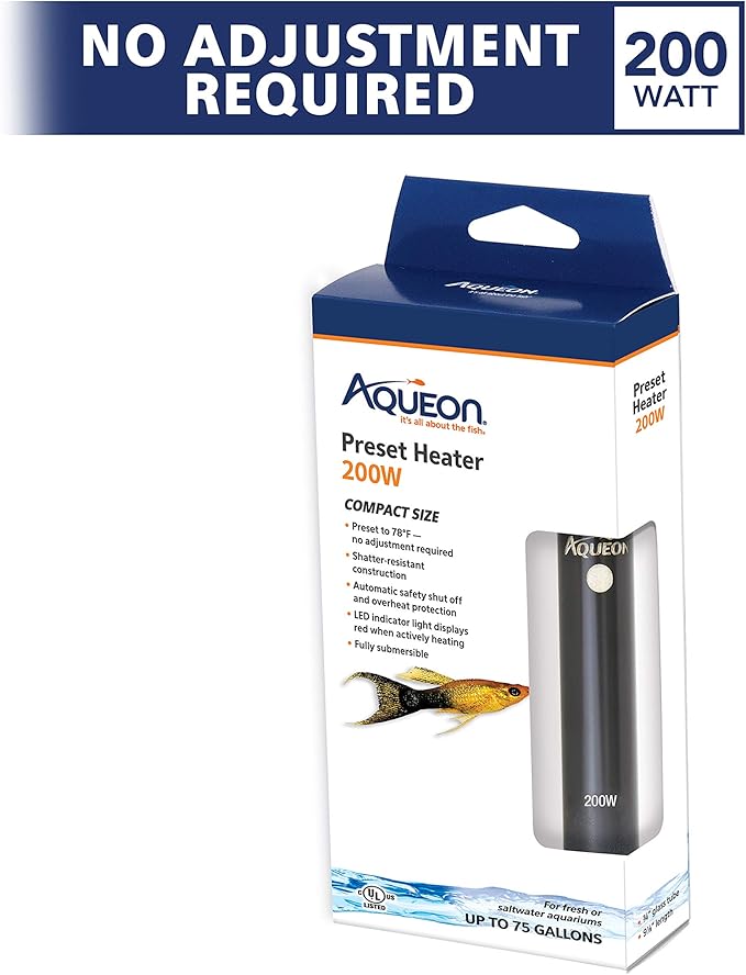 Aqueon Aquarium Fish Tank Preset Heater For Up To 75 Gallons, 200 Watts Aqueon