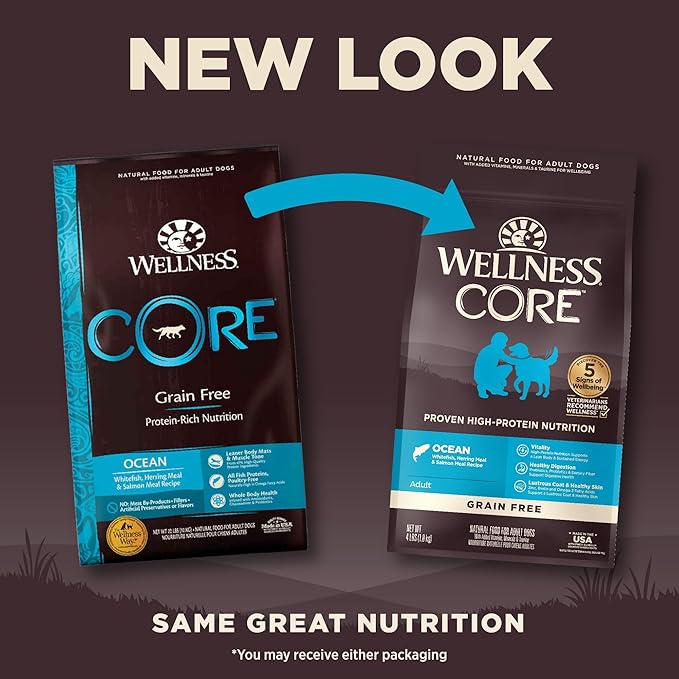 Wellness CORE Grain-Free High-Protein Dry Dog Food, Natural Ingredients, Made in USA with Real Meat, All Breeds, For Adult Dogs (Ocean Whitefish, Herring & Salmon, 4-Pound Bag) - PAWPICO