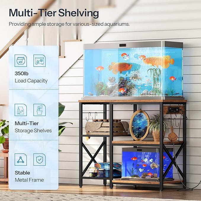 HOOBRO 20-29-37 Gallon Fish Tank Stand with Power Outlets and LED Light, Aquarium Stand with Storage Shelves, 35.4" L x 15.7" W, Reptile Tank Stand with Stable Metal Frame, Rustic Brown BF80UDFT01 HOOBRO