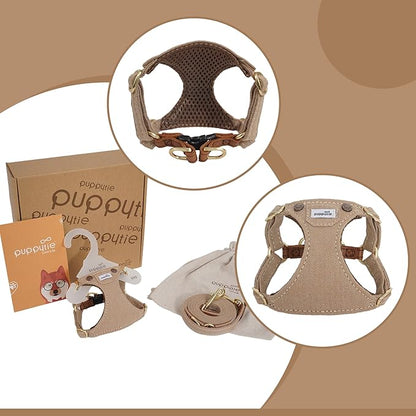 Puppytie No Pull Dog Harness with Multifunction Dog Leash,Soft Adjustable No Choke Escape Proof Pet Harness Vest for Medium Dogs,Denim Mocha Brown,M Puppytie