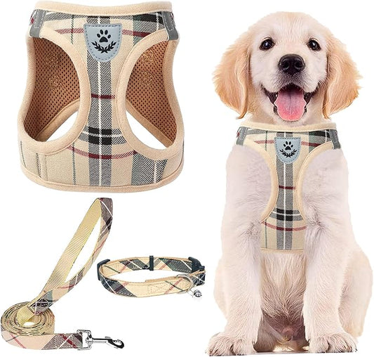 PUPTECK Adjustable Dog Harness Collar and Leash Set Step in No Pull Pet Harness for Small Medium Dogs Puppy and Cats Outdoor Walking Running, Soft Mesh Padded Reflective Vest Harnesses, Beige XXS PUPTECK