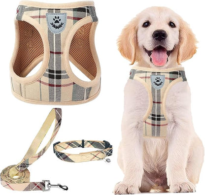 PUPTECK Adjustable Dog Harness Collar and Leash Set Step in No Pull Pet Harness for Small Medium Dogs Puppy and Cats Outdoor Walking Running, Soft Mesh Padded Reflective Vest Harnesses, Beige XS PUPTECK