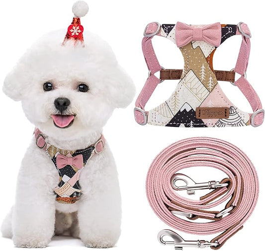 Puppytie No Pull Small Dog Harness with Multifunction Dog Leash,Lightweight Soft Adjustable No Choke Escape Proof Pet Harness Vest Pet Harness Vest,Suede Bow Pink,S Puppytie