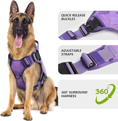 WINGOIN Tactical Dog Harness for Extra Large Dogs, Heavy Duty No Pull Dog Harness with Handle, Adjustable Reflective Military K9 German Shepherd Big Dog Vest for Training, Walking, Purple (XXL) - PAWPICO