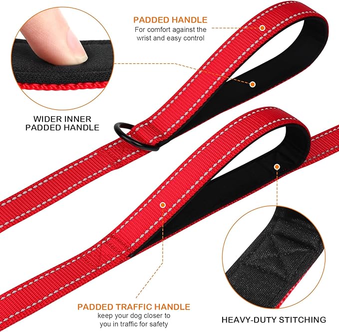 Joytale Dog Leash Heavy Duty for Large Dogs That Pull, Double Handle for Traffic Control, Double-Sided Reflective Leashes for Large Medium Dogs Night Safety, 6FT, Red Joytale