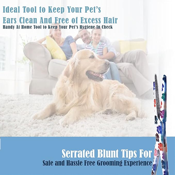 Dog Pet Ear/Nose Hair Puller Grooming Hemostat Locking Forceps Pliers, 5.5" (14cm), Straight (White Multi Paws) A2Z+SCILAB