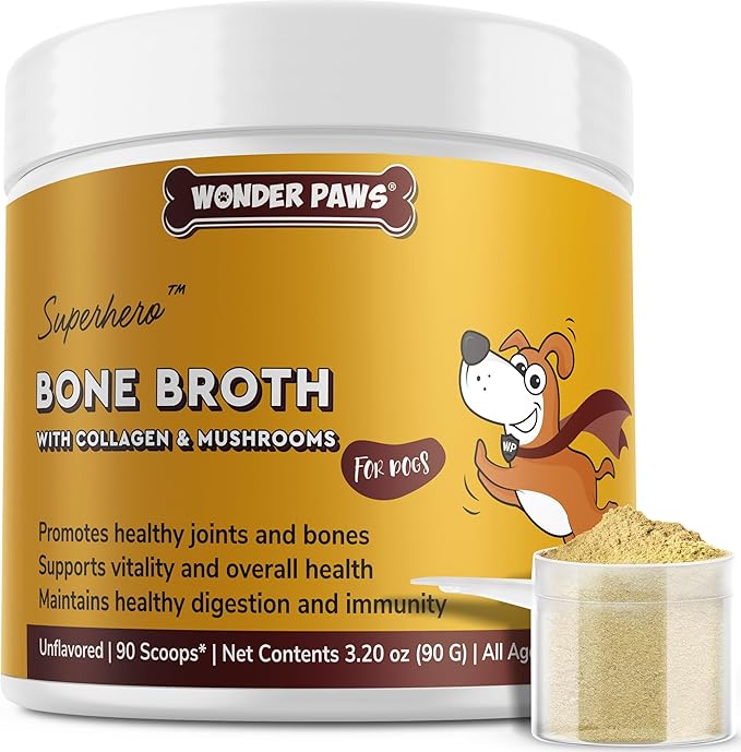 Bone Broth for Dogs – Bone Broth Powder with Organic Mushrooms & Collagen for Digestion, Immunity & Joint Support – Tasty Beef Supplement for Dogs of All Ages, Sizes & Breeds – 3.20 oz WonderPaws
