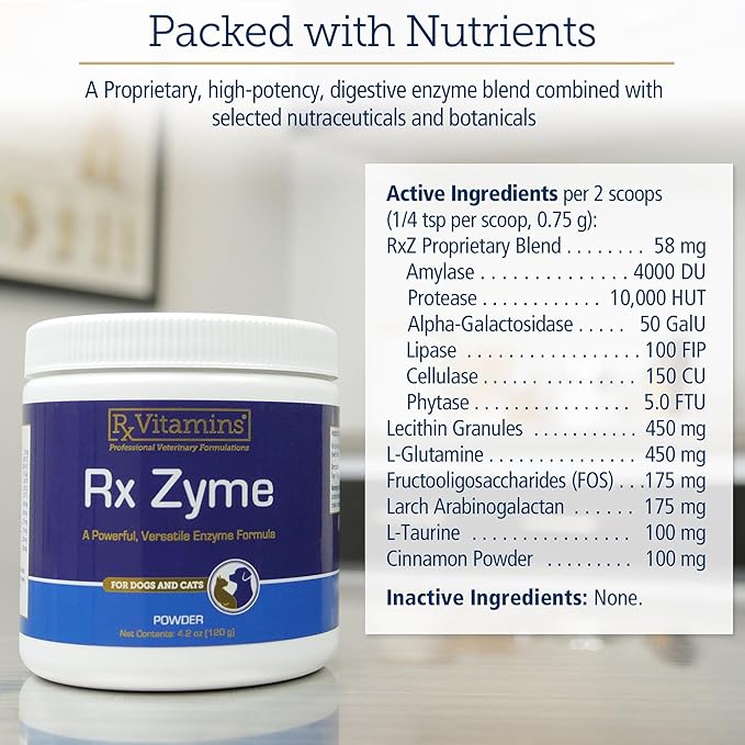 Rx Vitamins Rx Zyme Powder - Digestive Enzymes for Dogs & Cats - Anti Diarrhea for Dogs, Cat Constipation Relief, Anti-Bloating - Cat Digestive Support and Dog Gut Health - 120g RxVitamins
