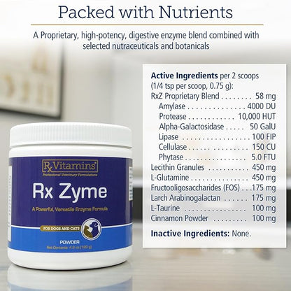 Rx Vitamins Rx Zyme Powder - Digestive Enzymes for Dogs & Cats - Anti Diarrhea for Dogs, Cat Constipation Relief, Anti-Bloating - Cat Digestive Support and Dog Gut Health - 120g RxVitamins