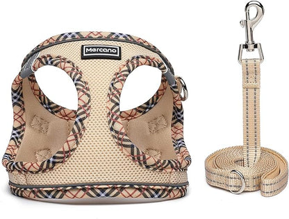 Mercano Soft Mesh Dog Harness and Leash Set, No-Chock Step-in Reflective Breathable Lightweight Easy Walk Vest Harnesses with Safety Buckle for Small Medium Dogs, Cats (Beige, S) PAWPICO