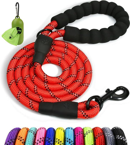 Taglory Rope Dog Leash 5 FT with Comfortable Padded Handle, Highly Reflective Threads Leash for Medium Large Dogs, 1/2 inch, Red Taglory