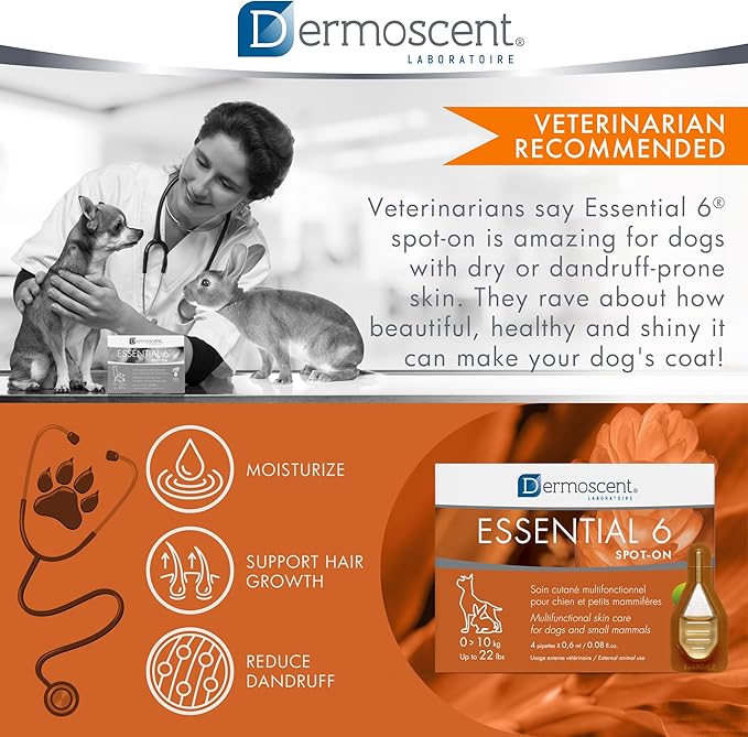 Dermoscent Essential 6 spot-on - Dog Skin Care for Dandruff & Allergy Relief with Vitamin E Oil - Anti Itch for Dogs - Dog & Small Mammals 0-10 kg - 4 Pipettes of 0.6 ml Dermoscent