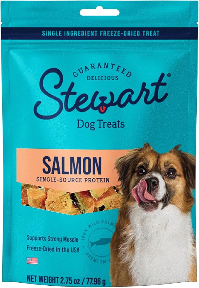Stewart Freeze Dried Dog Treats, Wild Salmon, 2.75 oz Grain Free & Gluten Free, Resealable Pouch, Single Ingredient, Training Treat in Beef Liver, Salmon, Chicken Liver & Chicken Breast 4, 14, 21 oz - PAWPICO