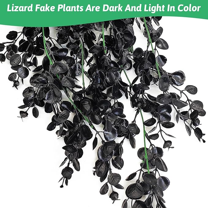 Hamiledyi Reptile Plants, 2 Pack Hanging Terrarium Plants, Artificial Leaves Habitat Decorations with Suction Cup, Fake Amphibian Plants for Bearded Dragon Lizard Hermit Crab Geckos Chameleon(Black) Hamiledyi