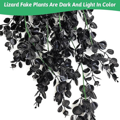 Hamiledyi Reptile Plants, 2 Pack Hanging Terrarium Plants, Artificial Leaves Habitat Decorations with Suction Cup, Fake Amphibian Plants for Bearded Dragon Lizard Hermit Crab Geckos Chameleon(Black) Hamiledyi