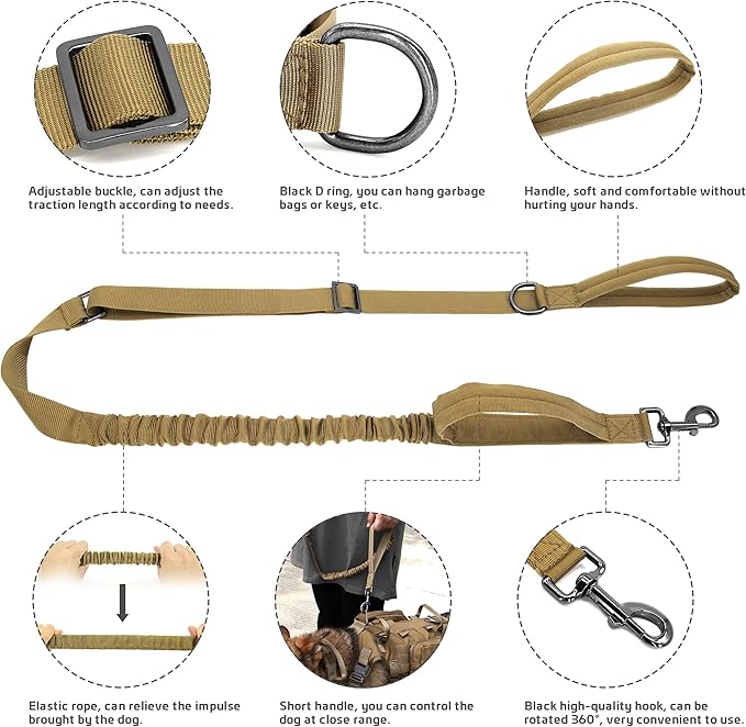 Forestpaw Tactical Dog Harness for Large Dogs,Tactical Dog Collar with Bungee Leash Set,No Pull Military Dog Harness for Dog Walking Training,Adjustable for Medium Large Dogs,Khaki L Forestpaw