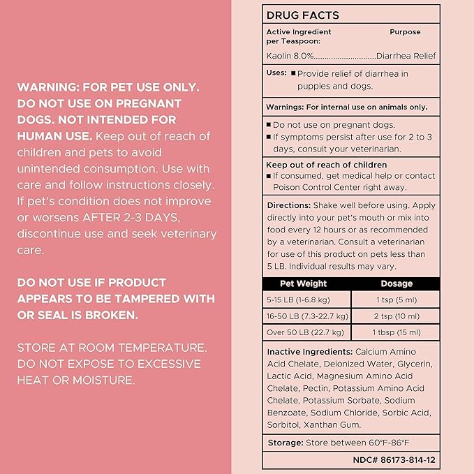 Chew + Heal Labs Anti Diarrhea for Dogs - 2 oz. of Stop The Diarrhea Liquid Supplement with Kaolin - for Diarrhea and Upset Stomach Relief - Made in The USA ChewHeal