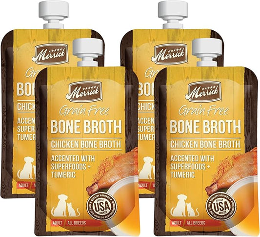 Merrick Grain Free Bone Broth, Premium Human Grade And Gluten Free Dog And Cat Food Topper Pouches, Chicken - 7 oz. Pouch (Pack of 4) - PAWPICO