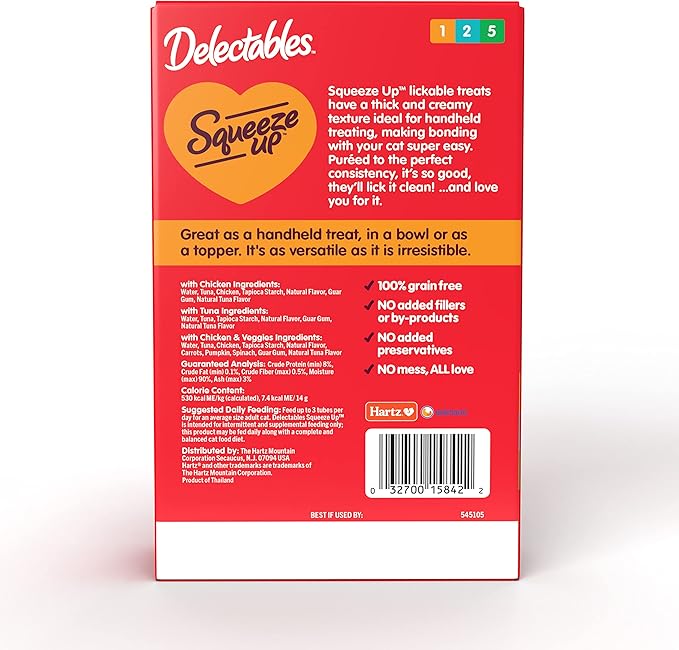 Delectables Squeeze Up Variety Pack, Creamy Squeezable Puree, Lickable Wet Cat Treats, Grain Free, No Added Fillers, No by-Products, No Added Preservatives, 0.5 Ounces Tube, 20 Tubes Total Hartz