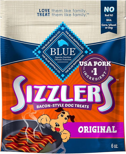 Blue Buffalo Sizzlers Natural Soft Dog Treats, Bacon-Style Soft-Moist Dog Treats with Real USA Pork, Original Flavor, 6-oz Bag - PAWPICO