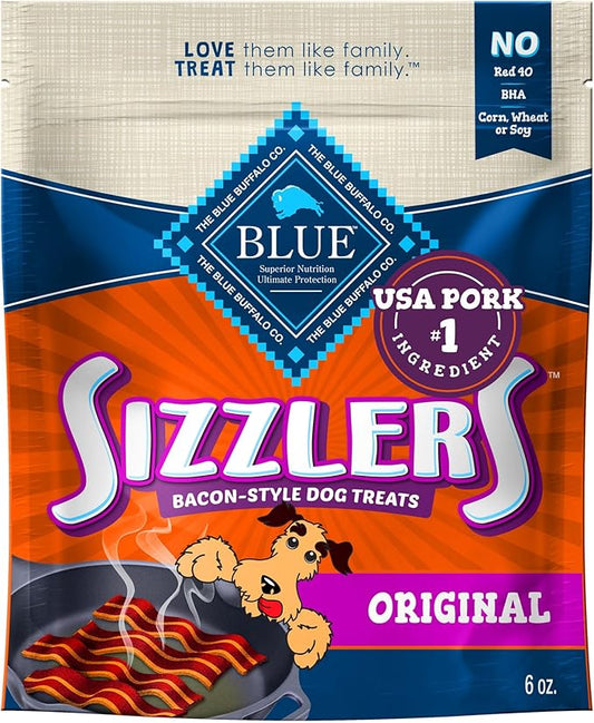 Blue Buffalo Sizzlers Natural Soft Dog Treats, Bacon-Style Soft-Moist Dog Treats with Real USA Pork, Original Flavor, 6-oz Bag - PAWPICO
