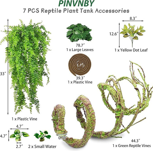 PINVNBY 7 PCS Reptile Plants Vine, Terrarium Hanging Flexible Climbing Artificial Leaves Reptile Hide, Bearded Dragon Tank Accessories, Terrarium Decor for Leopard Gecko Lizard Snake Geckos Chameleon PINVNBY