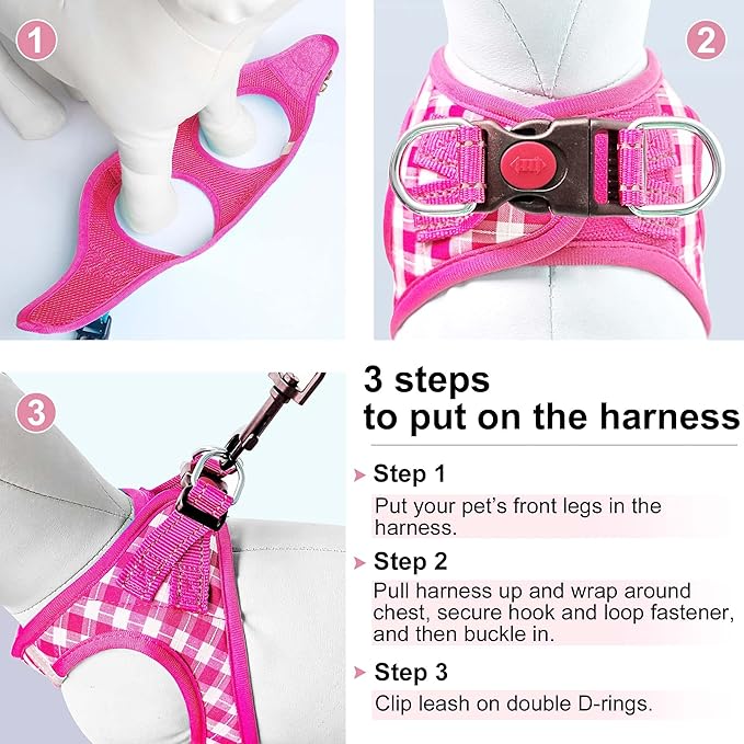 Dog Harness Step-in Breathable Puppy Cat Dog Vest Harnesses for Small Medium Dogs Pink Checkered - PAWPICO