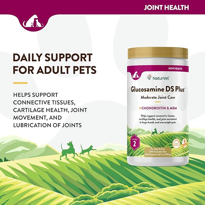 NaturVet Glucosamine DS Plus Level 2 Moderate Care Joint Support Supplement for Dogs and Cats, Chewable Tablets Time Release, Made in The USA, 240 Count NaturVet