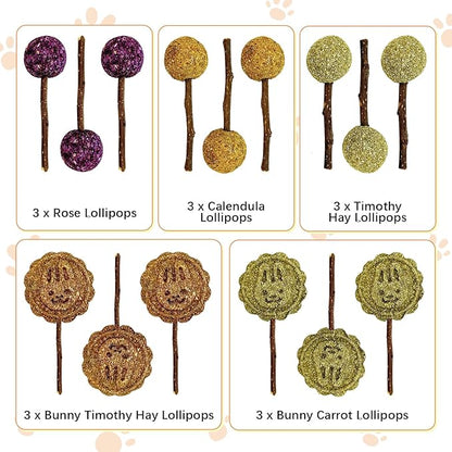 Fhiny Rabbit Chew Toys, 15 PCS Natural Bunny Lollipop Chew Sticks Handmade Guinea Pig Molar Treats for Teeth Small Animals Snacks for Guinea Pig Bunny Chinchilla Hamster Gerbil Teeth Care Fhiny