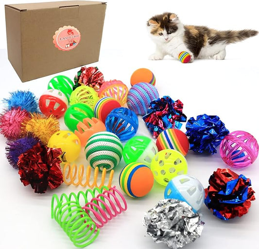 LASOCUHOO Cat Toys, Kitten Cat Ball Toys Assortments, Including Rainbow Ball, Crinkle Ball, Sparkle Ball, Bell Balls, Sisal Ball for All Cats 30 Packs - PAWPICO