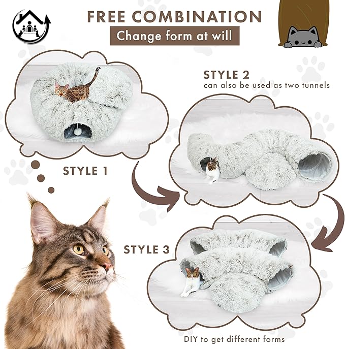 Large Cat Tunnel Bed for Indoor Cats Warm Fluffy Plush Cat Cave Tunnel Bed Collapsible, Washable, 3 Way and Multifunctional with Dangling Balls for Cats, Kittens and Rabbits- Brown - PAWPICO