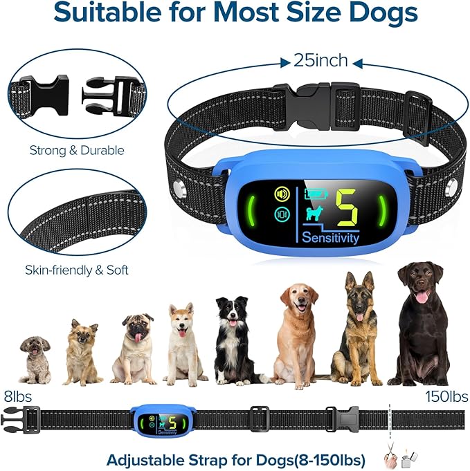 Bark Collar, Rechargeable Dog Bark Collar with 5 Adjustable Sensitivity and Intensity Beep Vibration, Anti Barking Collar for Small Medium Large Breed Dogs (Blue) FAFAFROG
