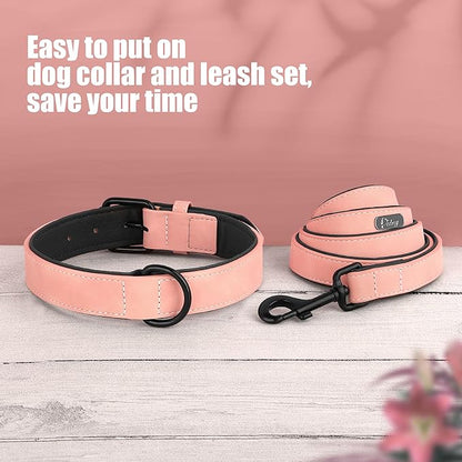 Didog Soft Padded Leather Dog Collar and Leash Set, Heavy Duty Pink Dog Leash and Collar Set with Metal Buckle, Breathable Dog Collars with 4FT Leather Dog Leash for Small Medium Large Dogs, Pink, XL Didog
