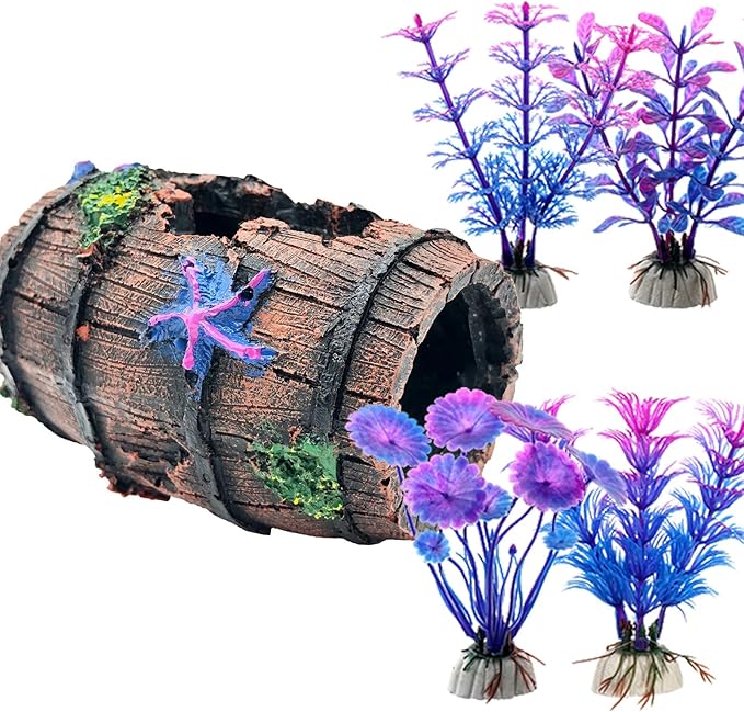 Faeshoo Fish Tank Decoration Betta Fish Tank Decorations Accessories for Aquarium Tank, Starfish Barrel x 1pc, Aquatic Plants x 4pcs Bazayona