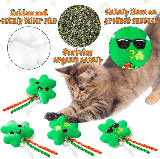 MALLMALL6 4Pcs Shamrocks Catnip Toys Gift for Cat, Indoor Cat Bite Kick Plush Catmint Pet Toys Supplies for Kitten Lover Gifts, Cute Teething Chew Relief Interactive Toy - PAWPICO